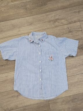 Retro 90's Blue Stripe Button-Down Cotton Shirt with Embroidered Floral Accent